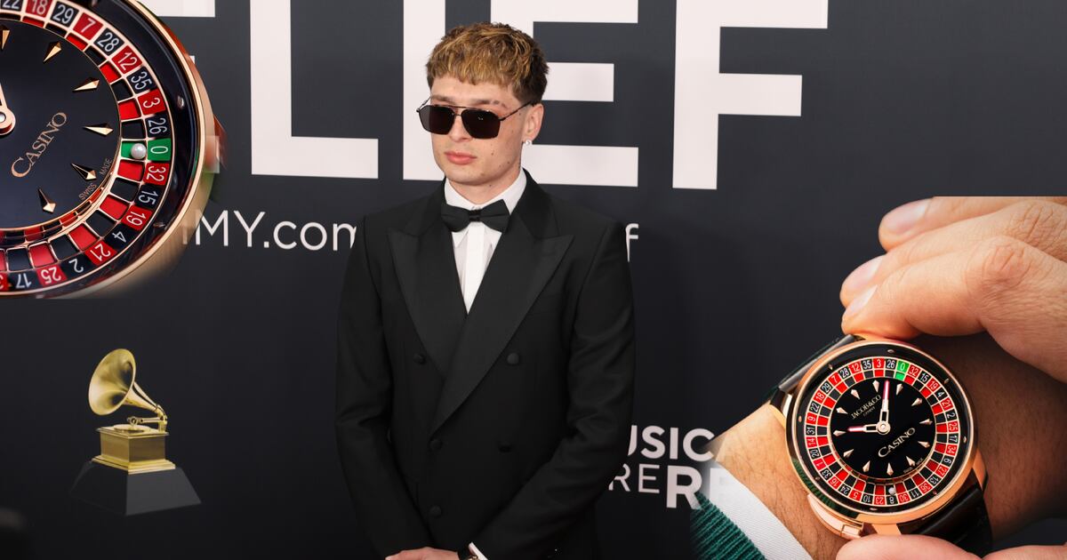 Peso Pluma usó en los premios GRAMMY 2025 un reloj de la marca Jacob & Co. de edición limitada, que cuesta más de 5 millones de pesos. (Foto: Especial El Financiero)