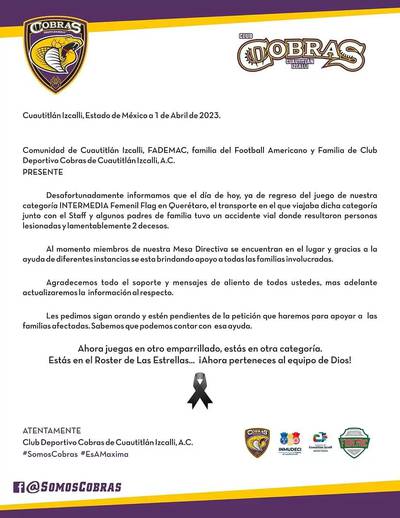 Mueren dos personas del equipo femenil Cobras de Cuautitlán Izcalli en  accidente de carretera – El Financiero