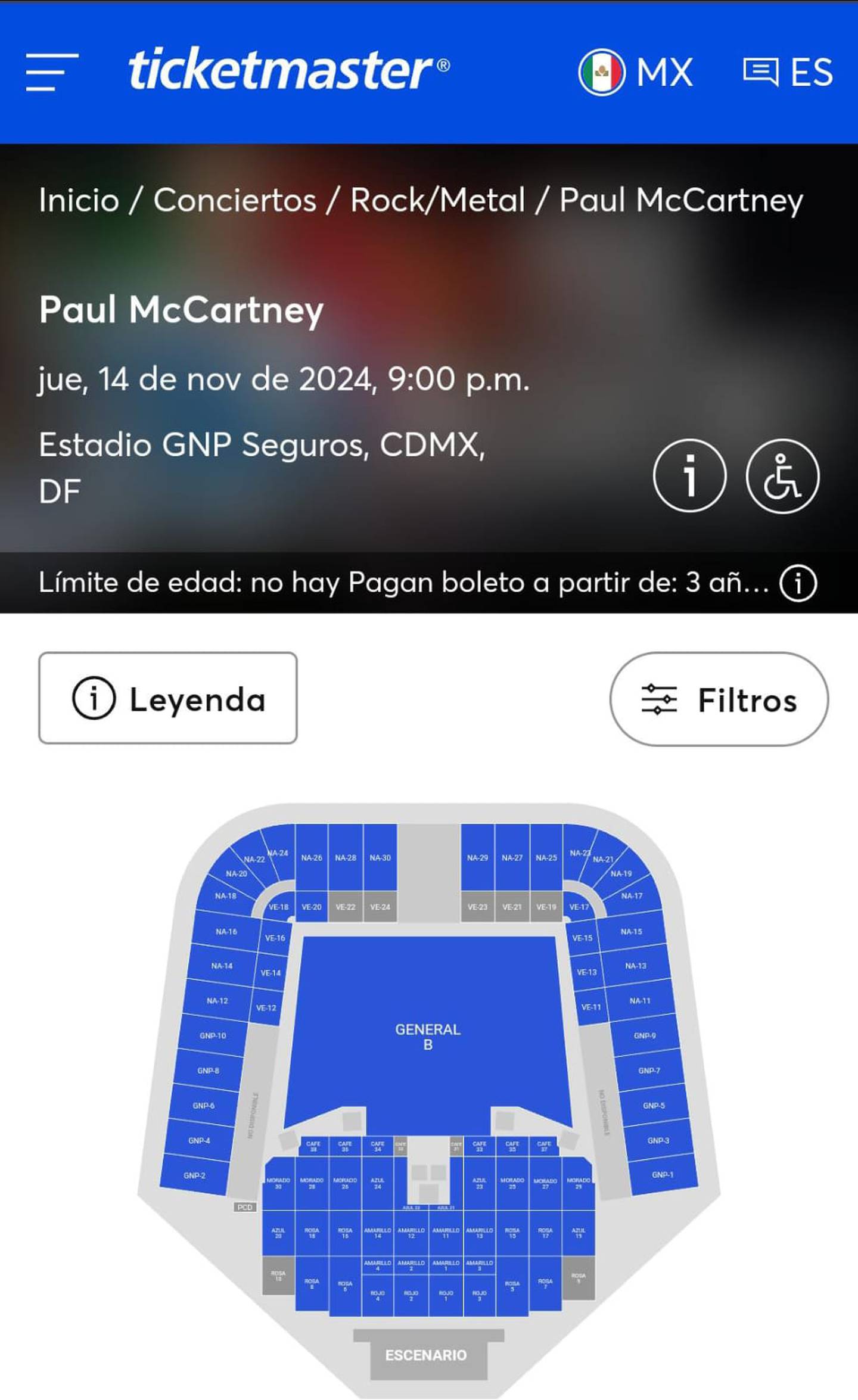 La disponibilidad de boletos para el concierto de Paul McCartney durante la preventa. (Foto: Captura Ticketmaster)